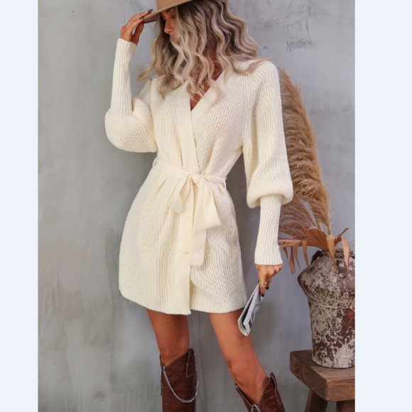 Rib-Knit Lantern Sleeve Belted Sweater Dress - Picture 5 of 16